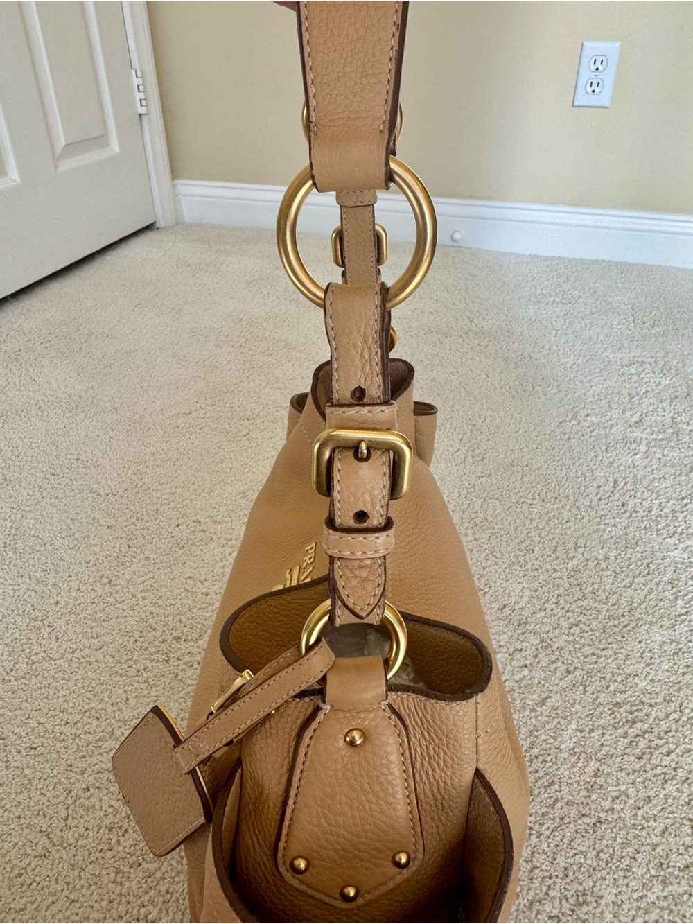 PRADA Vitello Daino Leather Side Pocket Hobo Shoulder Bag - Beige/Camel Gold - Picture 9 of 10
